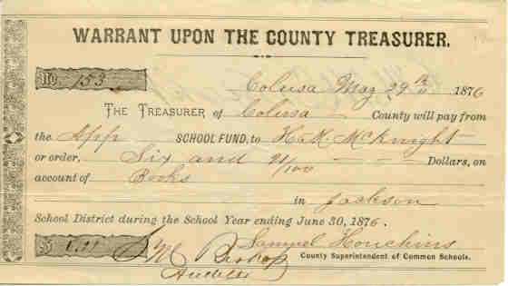 County
                    Treasurer of Colusa 1876 payment for school books.