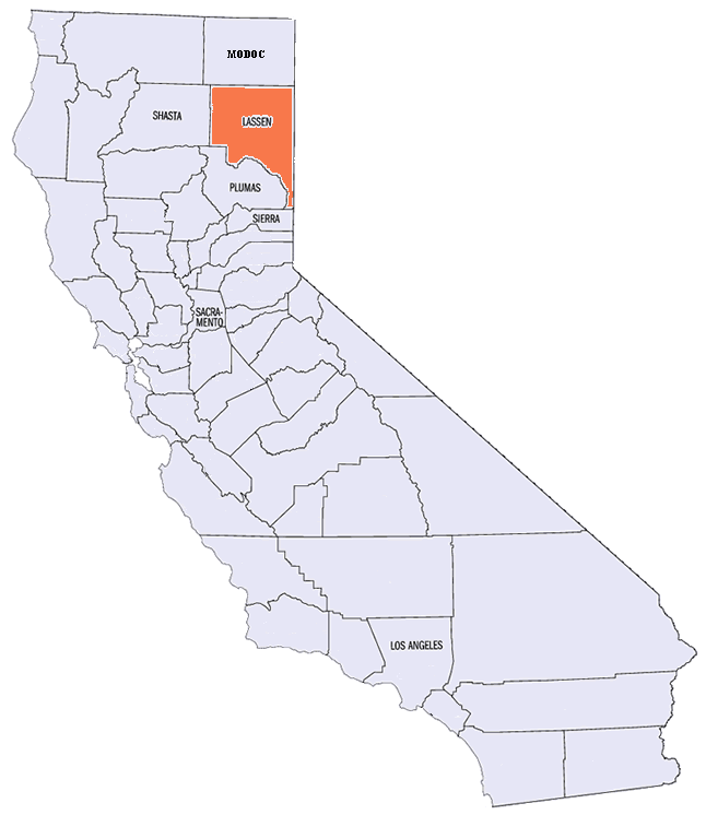 Map of California with Lassen County Highlighted